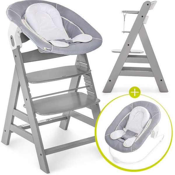 Hauck Hochstuhl Alpha Plus Grey - Newborn Set (Set, 4 St), Holz Babystuhl ab Geburt mit Aufsatz für Neugeborene höhenverstellbar