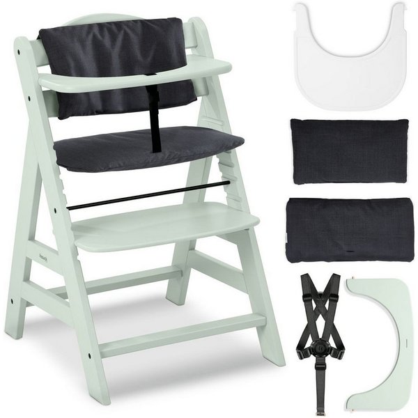 Hauck Hochstuhl Alpha Plus Mint - Charcoal, Mitwachsender Kinderhochstuhl mit Essbrett Click Tray & Sitzkissen