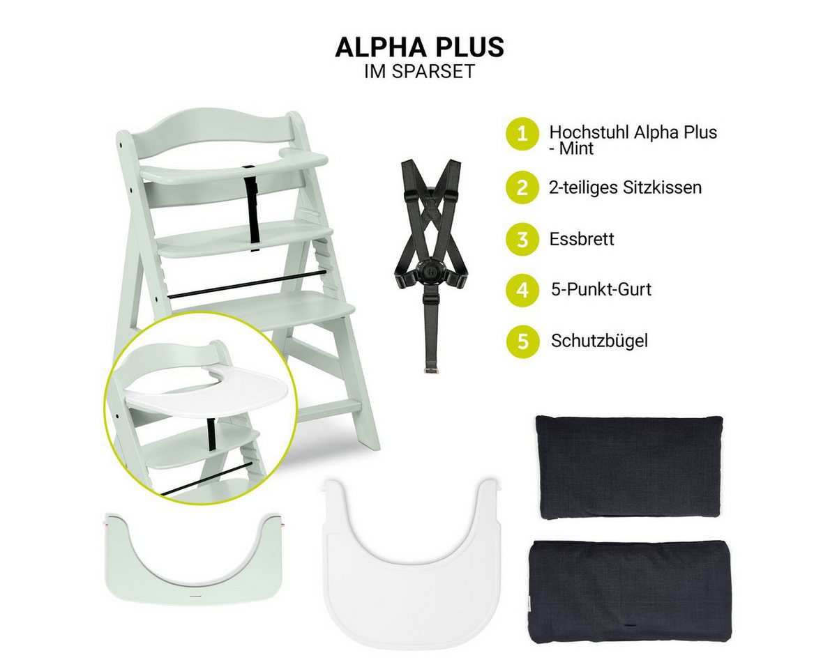 Hauck Hochstuhl Alpha Plus Mint - Charcoal, Mitwachsender Kinderhochstuhl mit Essbrett Click Tray & Sitzkissen – Bild 2 von 5