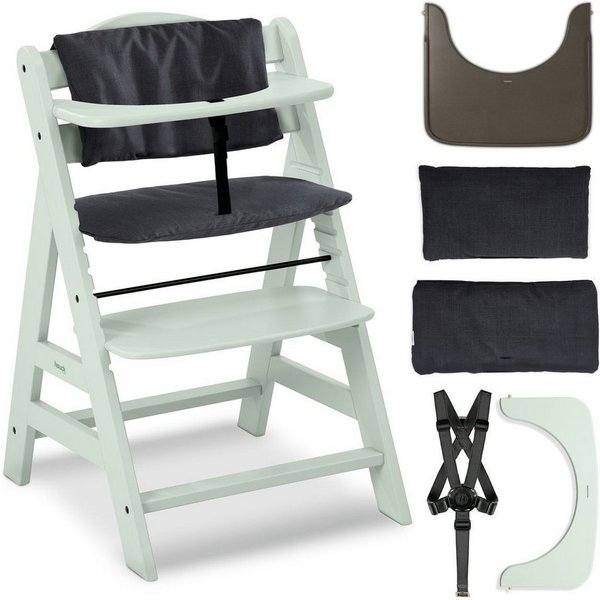 Hauck Hochstuhl Alpha Plus - Mint, Holz Kinderhochstuhl verstellbar mit Essbrett Wooden Tray & Sitzkissen