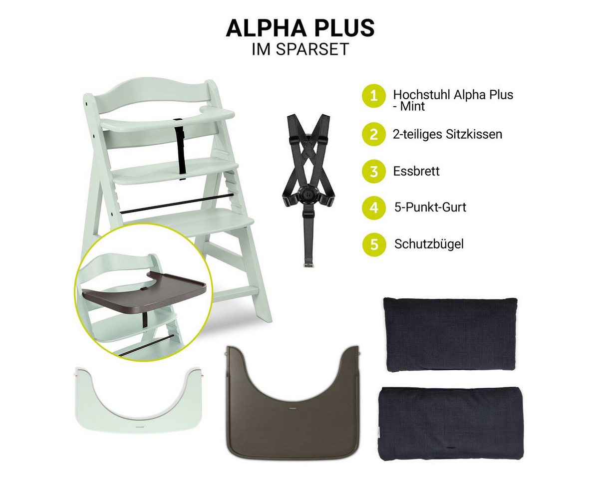 Hauck Hochstuhl Alpha Plus - Mint, Holz Kinderhochstuhl verstellbar mit Essbrett Wooden Tray & Sitzkissen – Bild 2 von 5