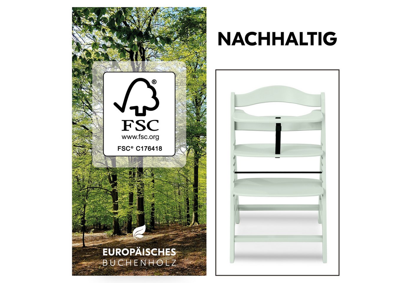 Hauck Hochstuhl Alpha Plus - Mint, Holz Kinderhochstuhl verstellbar mit Essbrett Wooden Tray & Sitzkissen – Bild 4 von 5