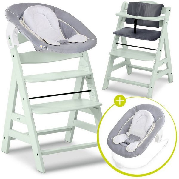 Hauck Hochstuhl Alpha Plus Mint - Newborn Set, Holz Babyhochstuhl ab Geburt inkl. Neugeborenenaufsatz & Sitzauflage