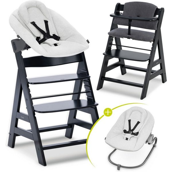 Hauck Hochstuhl Alpha Plus Newborn Set - Black, Holz Babyhochstuhl ab Geburt inkl. Neugeborenen Aufsatz & Sitzpolster