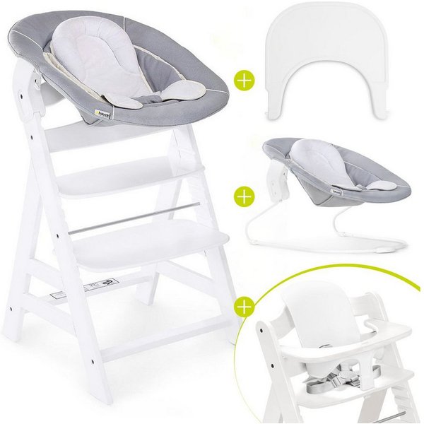 Hauck Hochstuhl Alpha Plus Newborn Set - White, Holz Babystuhl ab Geburt mit Neugeborenenaufsatz, Essbrett & Baby Seat