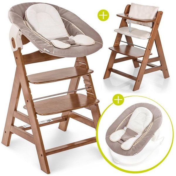 Hauck Hochstuhl Alpha Plus Walnut - Newborn Set (Set, 4 St), Holz Babyhochstuhl ab Geburt inkl. Neugeborenenaufsatz & Sitzauflage