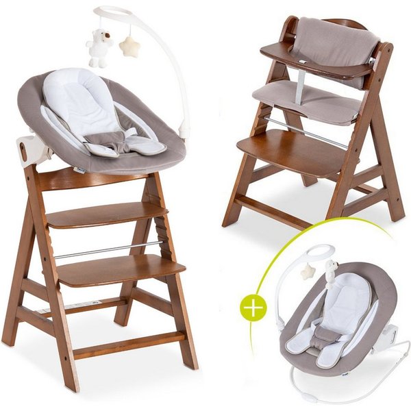 Hauck Hochstuhl Alpha Plus Walnut Newborn Set Deluxe (Set, 4 St), Holz Babyhochstuhl ab Geburt inkl. Neugeborenenaufsatz & Sitzauflage