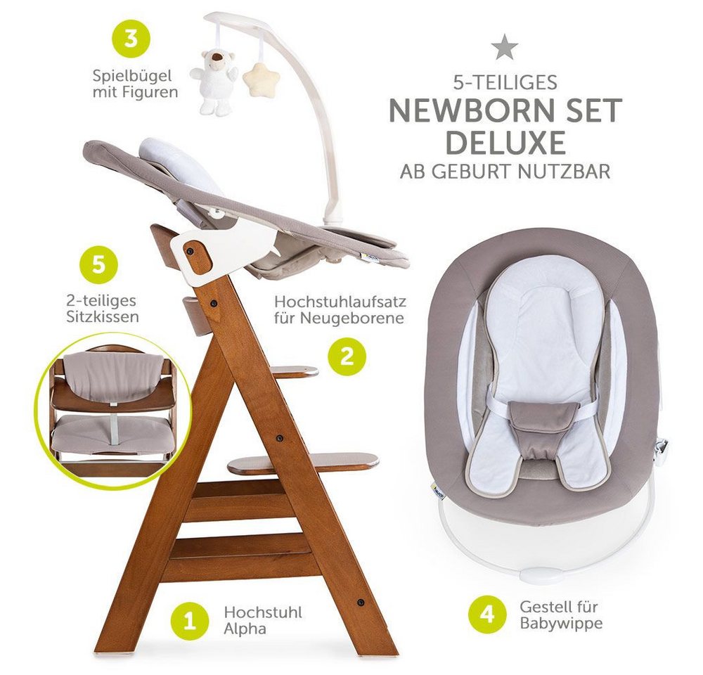 Hauck Hochstuhl Alpha Plus Walnut Newborn Set Deluxe (Set, 4 St), Holz Babyhochstuhl ab Geburt inkl. Neugeborenenaufsatz & Sitzauflage – Bild 2 von 5