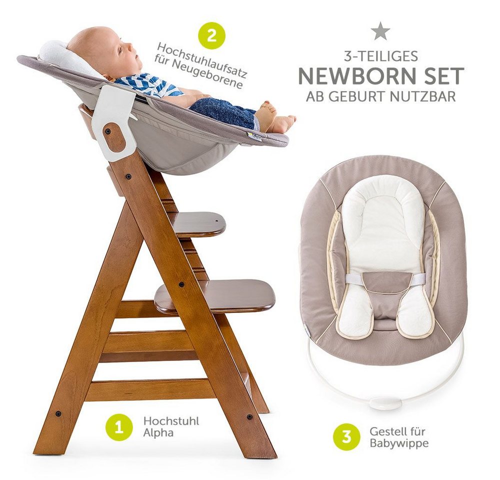 Hauck Hochstuhl Alpha Plus Walnut - Newborn Set (Set, 4 St), Holz Babystuhl ab Geburt mit Aufsatz für Neugeborene höhenverstellbar – Bild 2 von 5