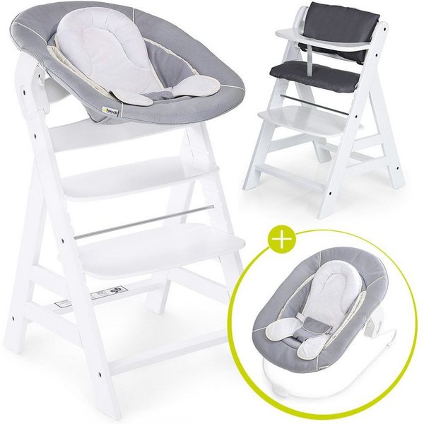 Hauck Hochstuhl Alpha Plus White - Newborn Set (Set, 4 St), Holz Babyhochstuhl ab Geburt inkl. Neugeborenenaufsatz & Sitzauflage