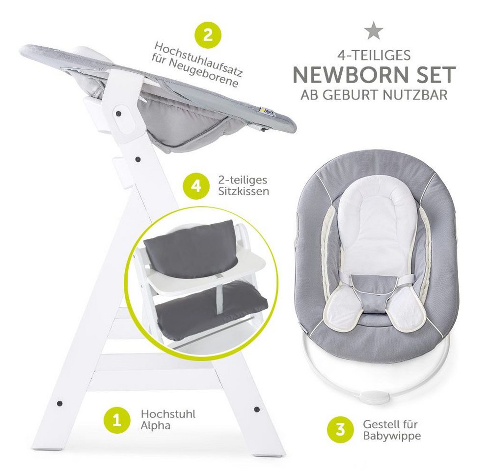 Hauck Hochstuhl Alpha Plus White - Newborn Set (Set, 4 St), Holz Babyhochstuhl ab Geburt inkl. Neugeborenenaufsatz & Sitzauflage – Bild 2 von 5