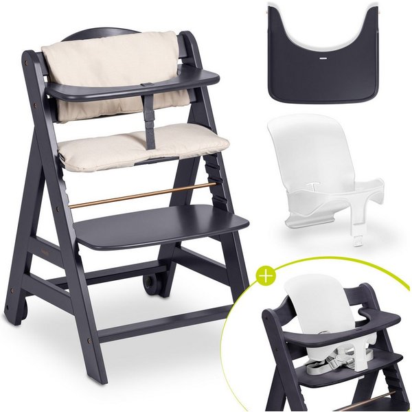Hauck Hochstuhl Beta Plus - Dark Grey, Holz Kinderhochstuhl mit Baby-Sitz, Essbrett, Sitzauflage & Rollen