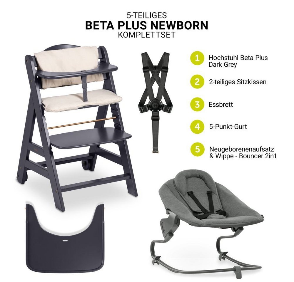 Hauck Hochstuhl Beta Plus Dark Grey - Newborn Set, Babystuhl ab Geburt inkl. Aufsatz für Neugeborene, Tisch, Sitzauflage – Bild 2 von 5