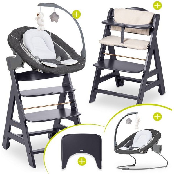 Hauck Hochstuhl Beta Plus Dark Grey - Newborn Set Deluxe, Holz Babystuhl ab Geburt mit Neugeborenenaufsatz, Sitzkissen, Essbrett
