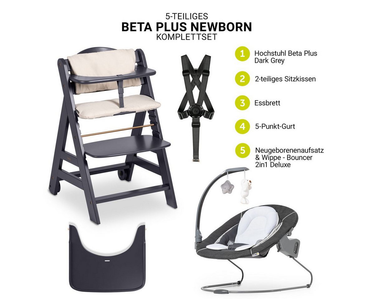 Hauck Hochstuhl Beta Plus Dark Grey - Newborn Set Deluxe, Holz Babystuhl ab Geburt mit Neugeborenenaufsatz, Sitzkissen, Essbrett – Bild 2 von 5