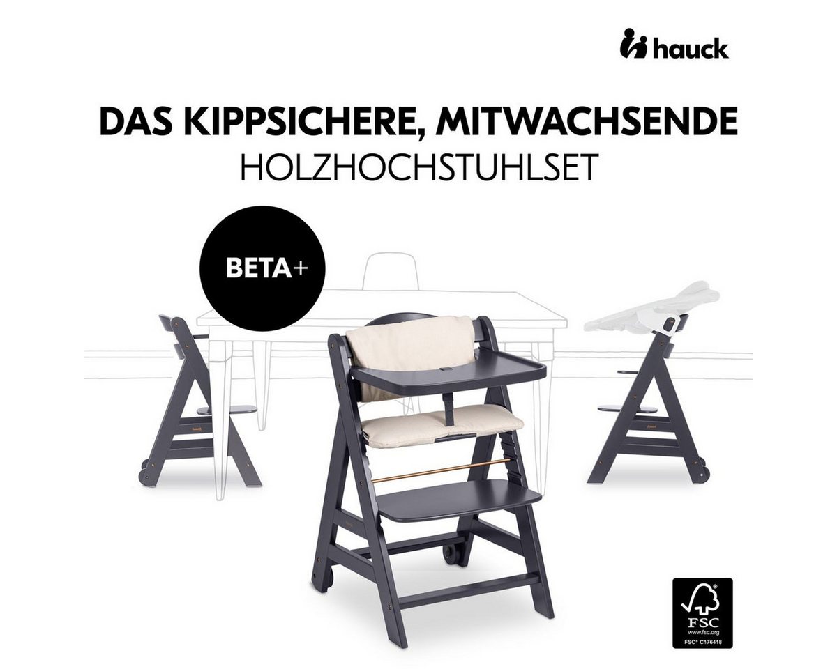Hauck Hochstuhl Beta Plus Dark Grey - Newborn Set Deluxe, Holz Babystuhl ab Geburt mit Neugeborenenaufsatz, Sitzkissen, Essbrett – Bild 3 von 5