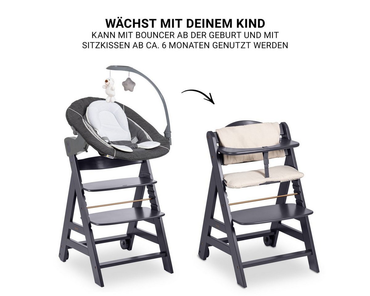 Hauck Hochstuhl Beta Plus Dark Grey - Newborn Set Deluxe, Holz Babystuhl ab Geburt mit Neugeborenenaufsatz, Sitzkissen, Essbrett – Bild 4 von 5