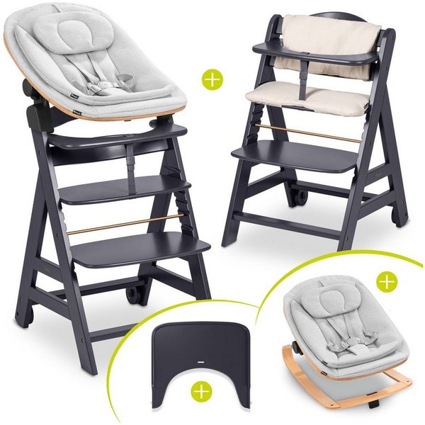 Hauck Hochstuhl Beta Plus Dark Grey Newbornset Eco - Light Grey (Set), Holz Babystuhl ab Geburt mit Neugeborenensufsatz, Sitzkissen, Essbrett