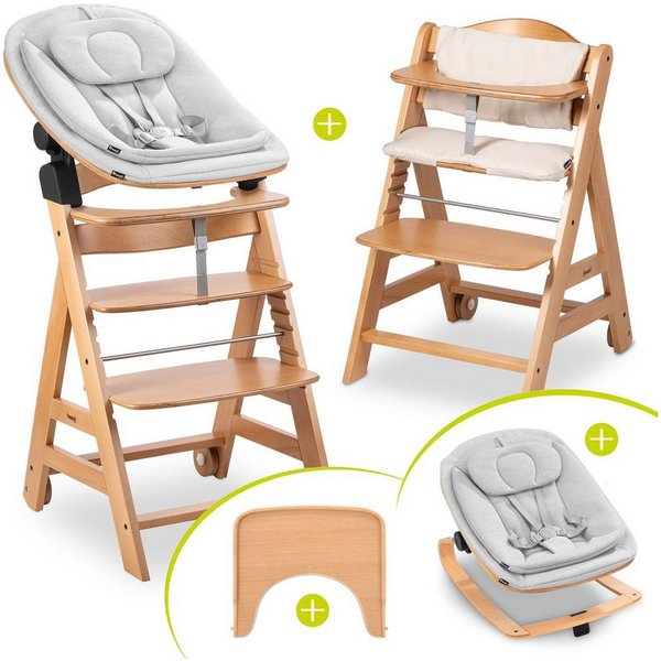 Hauck Hochstuhl Beta Plus Natural Newbornset Eco - Light Grey (Set), Holz Babystuhl ab Geburt mit Neugeborenensufsatz, Sitzkissen, Essbrett