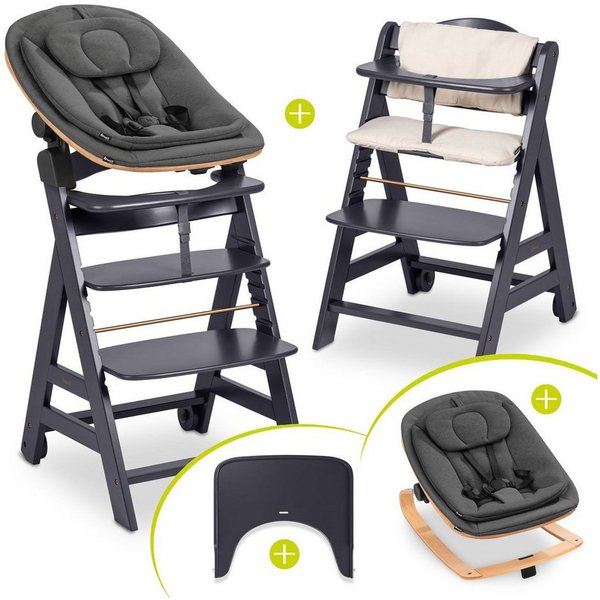Hauck Hochstuhl Beta Plus Newborn Set - Eco - Dark Grey, Holz Babyhochstuhl ab Geburt mit Neugeborenensufsatz & Sitzkissen