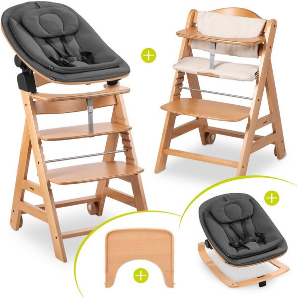 Hauck Hochstuhl Beta Plus Newborn Set Eco - Natural, Holz Babystuhl ab Geburt mit Neugeborenensufsatz, Sitzkissen, Essbrett