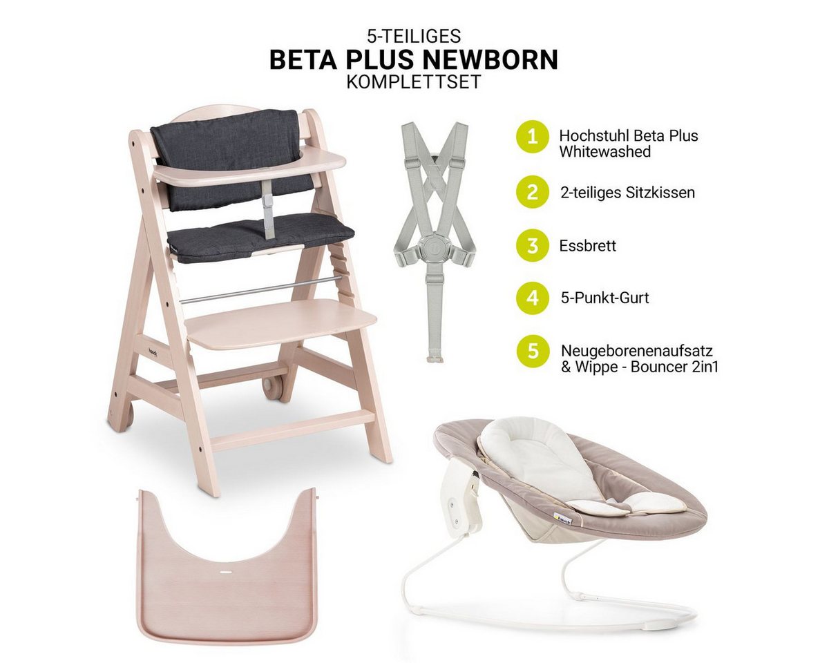 Hauck Hochstuhl Beta Plus Whitewashed Newborn Set - Stretch Beige, Babystuhl ab Geburt inkl. Aufsatz für Neugeborene, Tisch, Sitzauflage – Bild 2 von 5