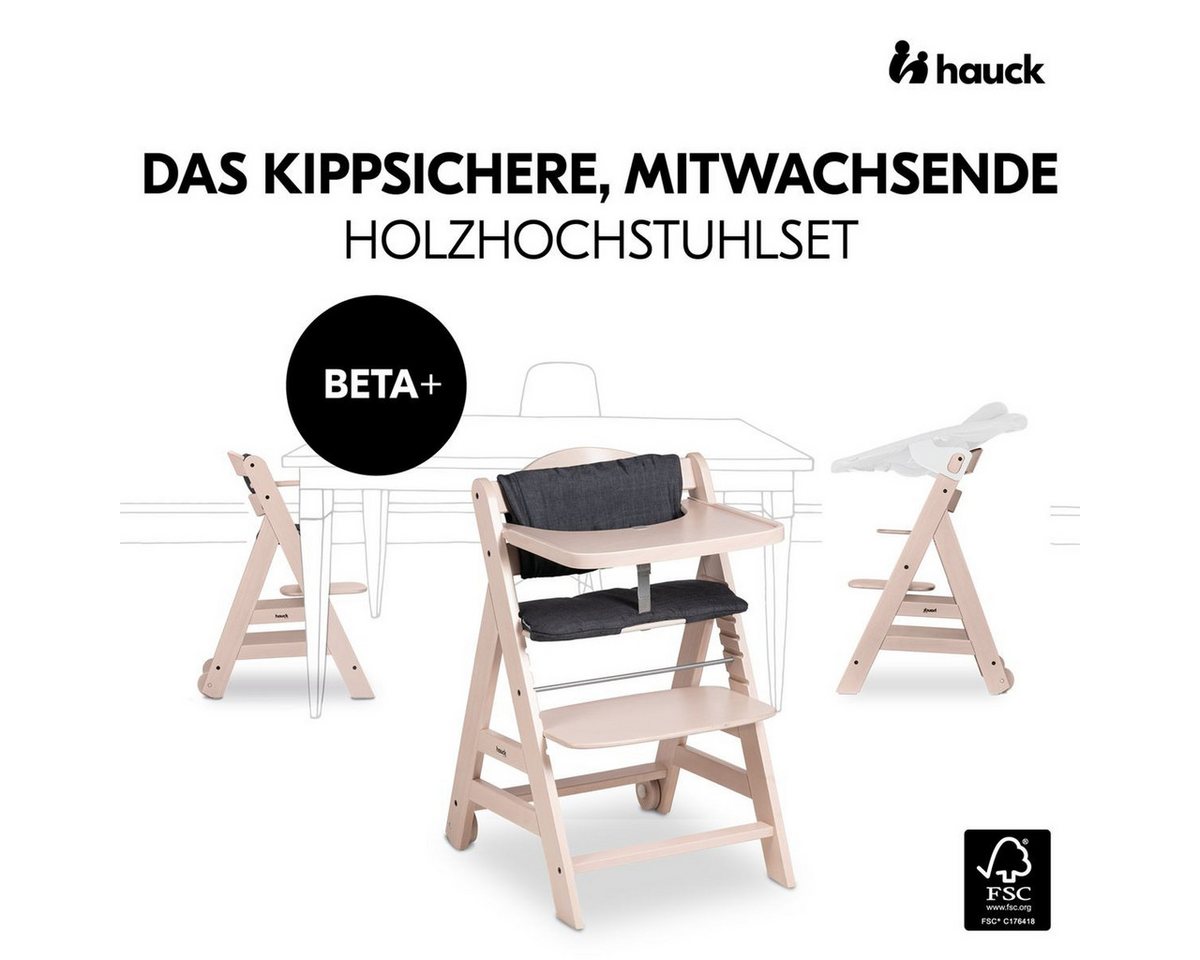 Hauck Hochstuhl Beta Plus Whitewashed Newborn Set - Stretch Beige, Babystuhl ab Geburt inkl. Aufsatz für Neugeborene, Tisch, Sitzauflage – Bild 3 von 5