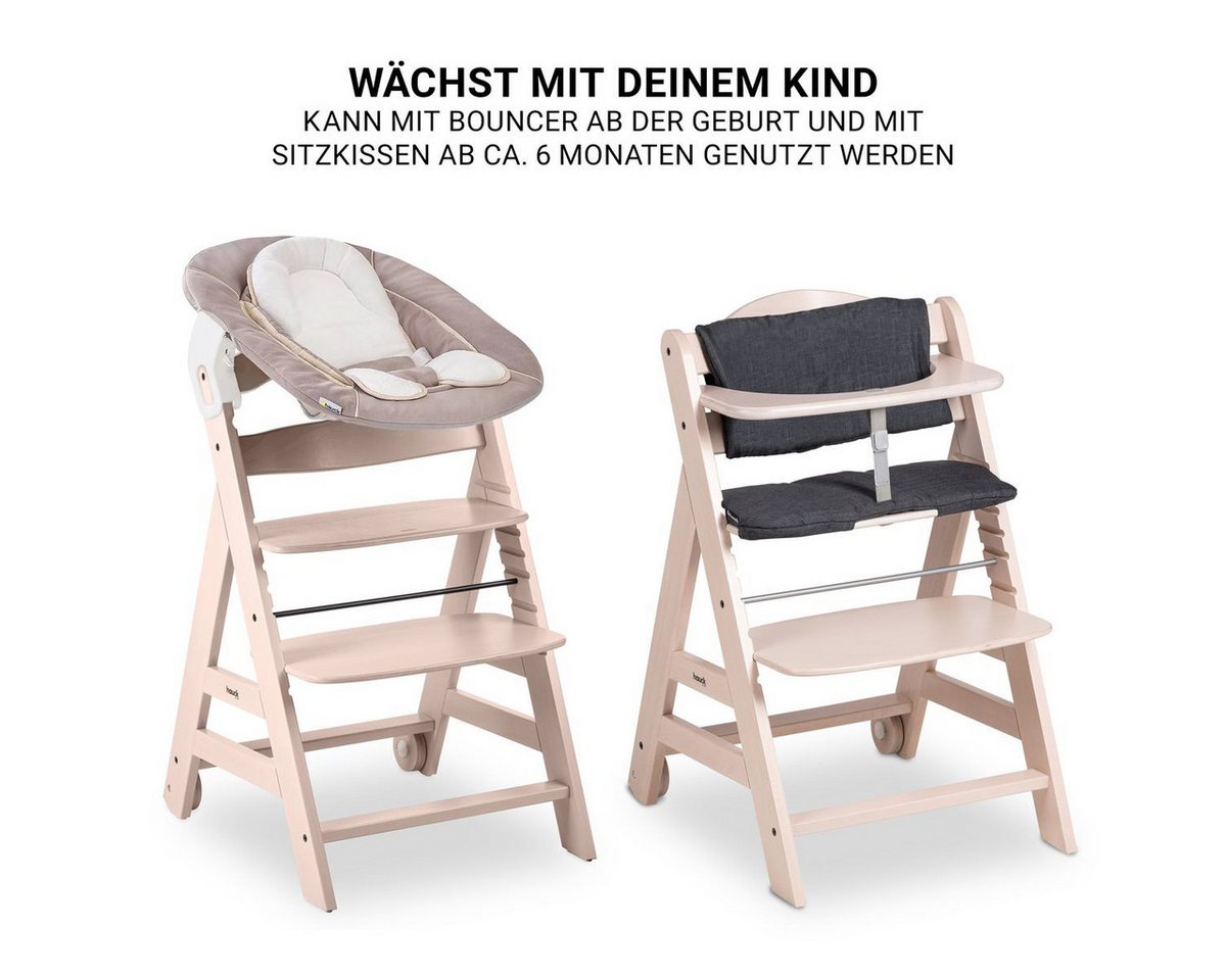 Hauck Hochstuhl Beta Plus Whitewashed Newborn Set - Stretch Beige, Babystuhl ab Geburt inkl. Aufsatz für Neugeborene, Tisch, Sitzauflage – Bild 4 von 5