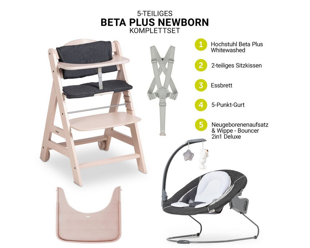 Hauck Hochstuhl Beta Plus Whitewashed Newborn SetWippe Deluxe, Holz Babystuhl ab Geburt mit Neugeborenensufsatz, Sitzkissen, Essbrett – Bild 2 von 5
