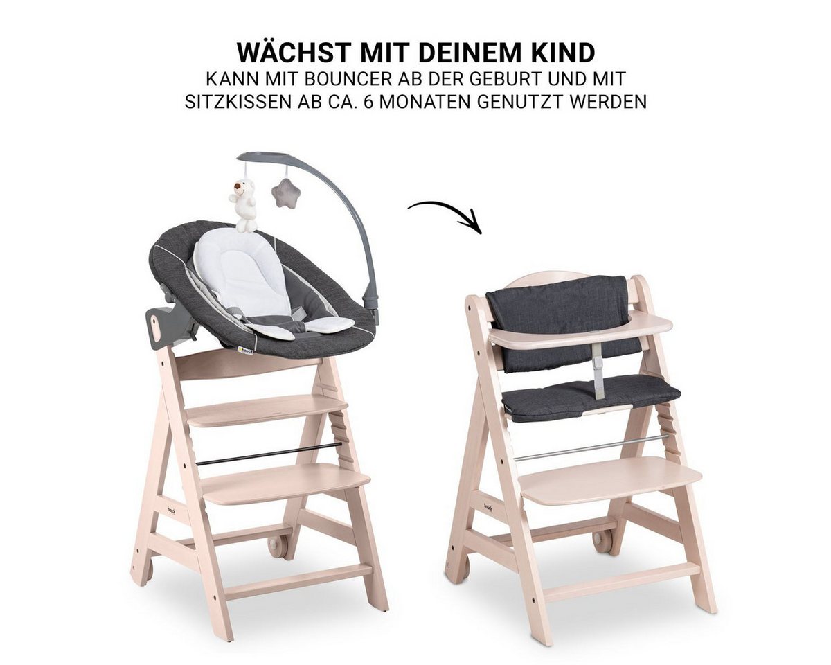 Hauck Hochstuhl Beta Plus Whitewashed Newborn SetWippe Deluxe, Holz Babystuhl ab Geburt mit Neugeborenensufsatz, Sitzkissen, Essbrett – Bild 4 von 5