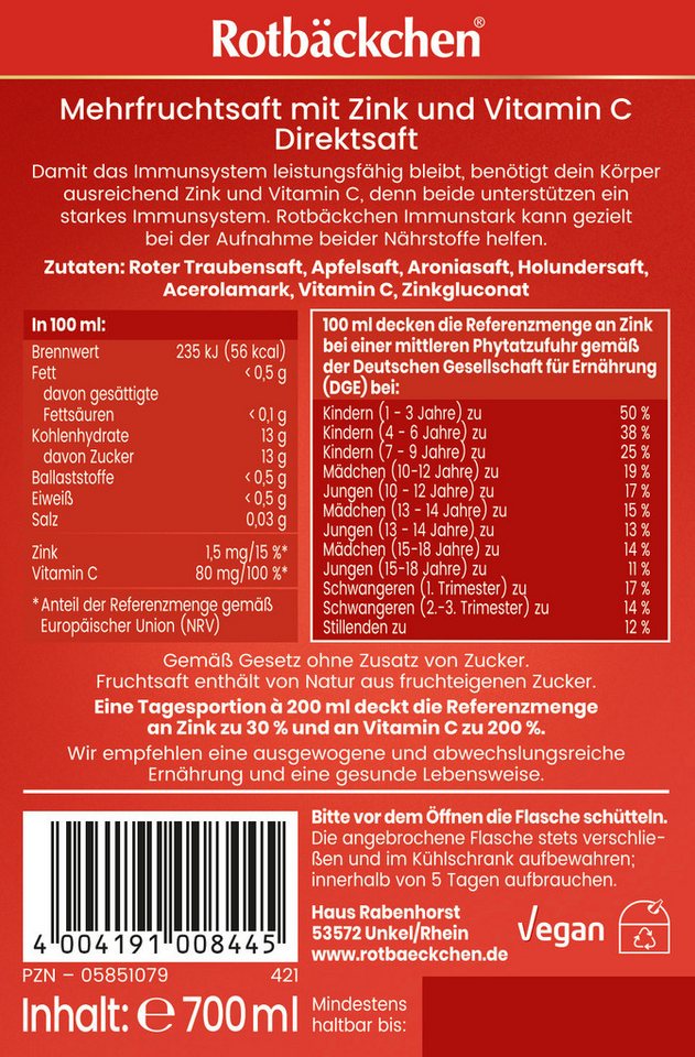 Haus Rabenhorst Saft ROTBÄCKCHEN Immunstark 6er Pack (6 x 700 ml), 4,2 l, 6 St. – Bild 5 von 5