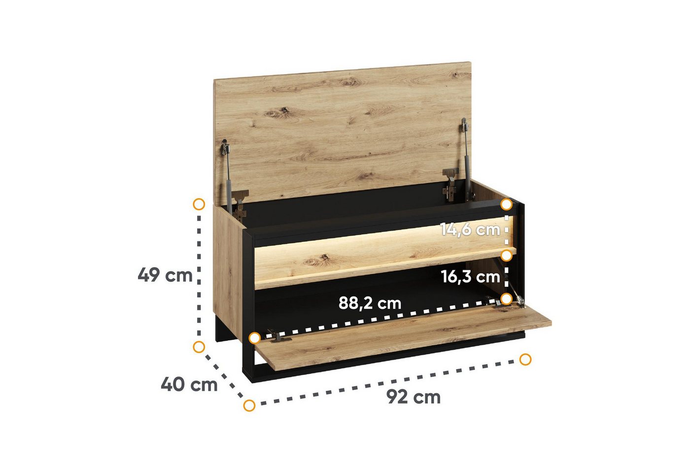 HAUSELEMENT Sitzbank QUANT QG-03, LED-Beleuchtung Schuhschrank 92 cm Stauraum Flurbank Dielenbank Loft – Bild 3 von 5