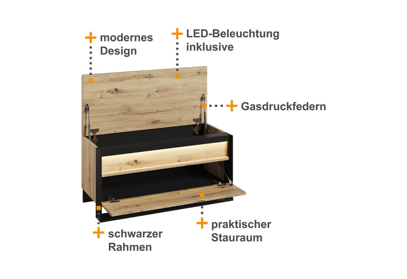 HAUSELEMENT Sitzbank QUANT QG-03, LED-Beleuchtung Schuhschrank 92 cm Stauraum Flurbank Dielenbank Loft – Bild 4 von 5