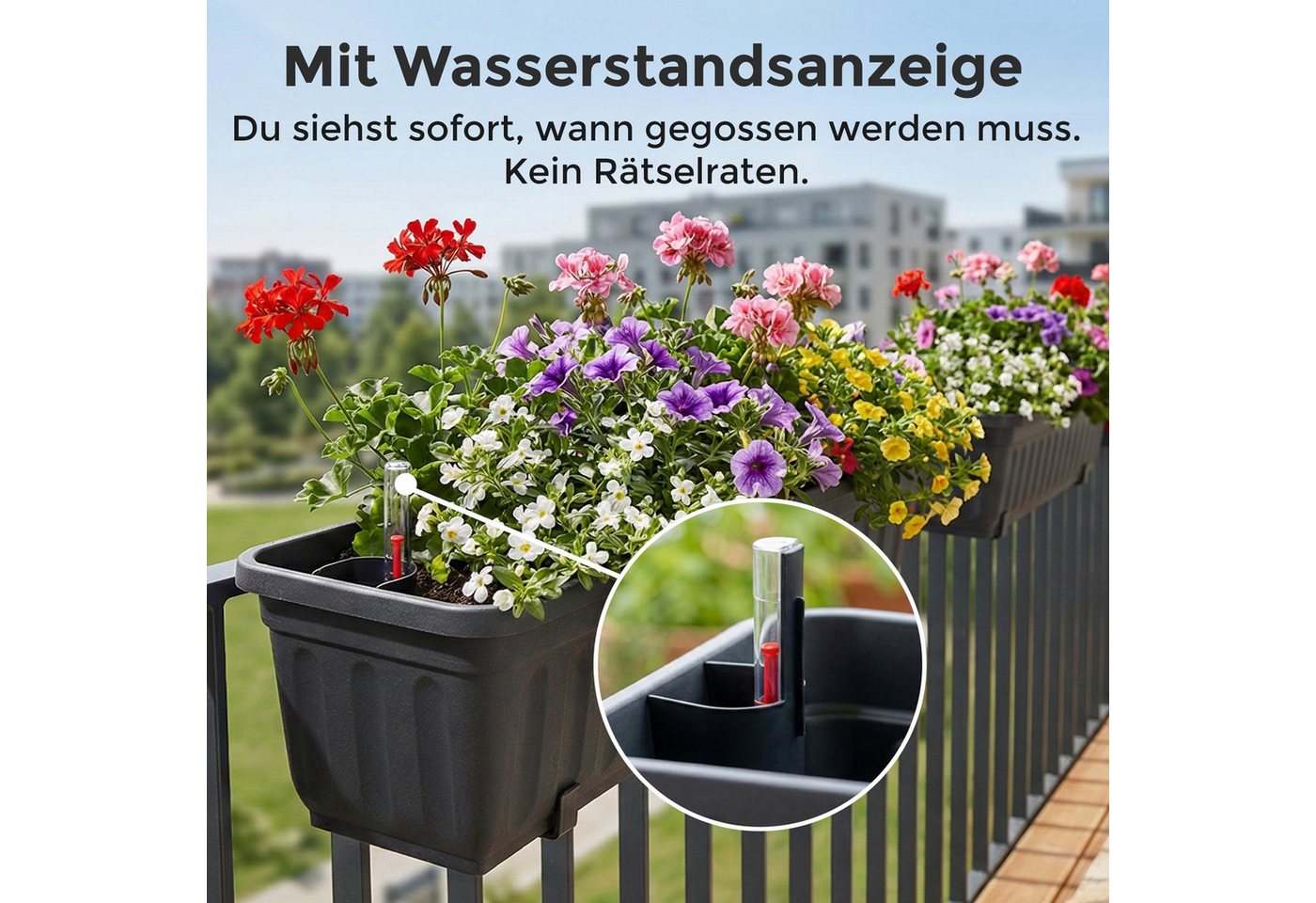 Hausfelder Blumenkasten Balkonkasten mit Wasserstandsanzeiger, Pflanzkasten 3er Set, 60cm (3er Set, 3 St., Jedes Set enthält: Füllstandsanzeiger, Boden, Pflanzk – Bild 2 von 5