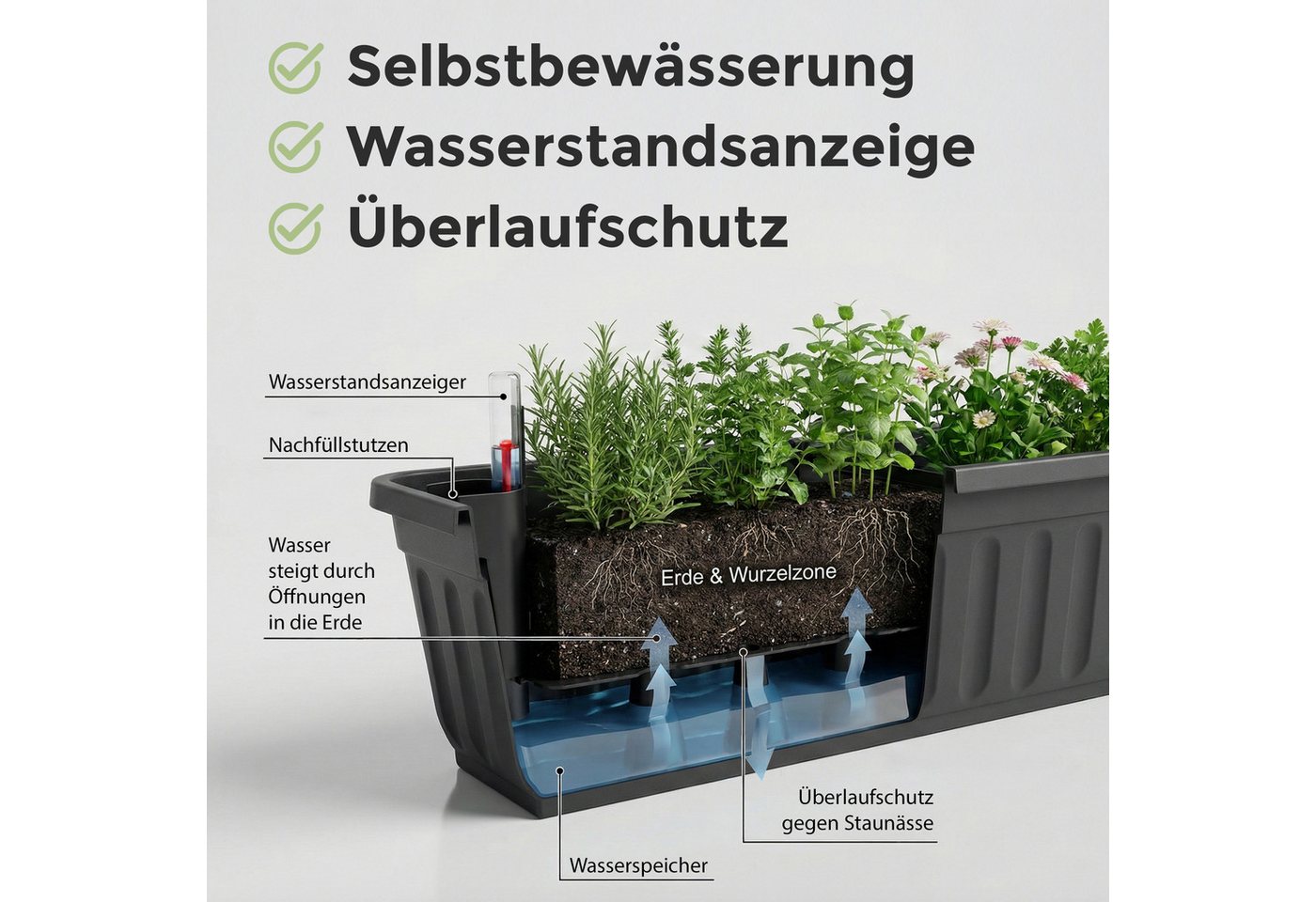 Hausfelder Blumenkasten Balkonkasten mit Wasserstandsanzeiger, Pflanzkasten 3er Set, 60cm (3er Set, 3 St., Jedes Set enthält: Füllstandsanzeiger, Boden, Pflanzk – Bild 3 von 5