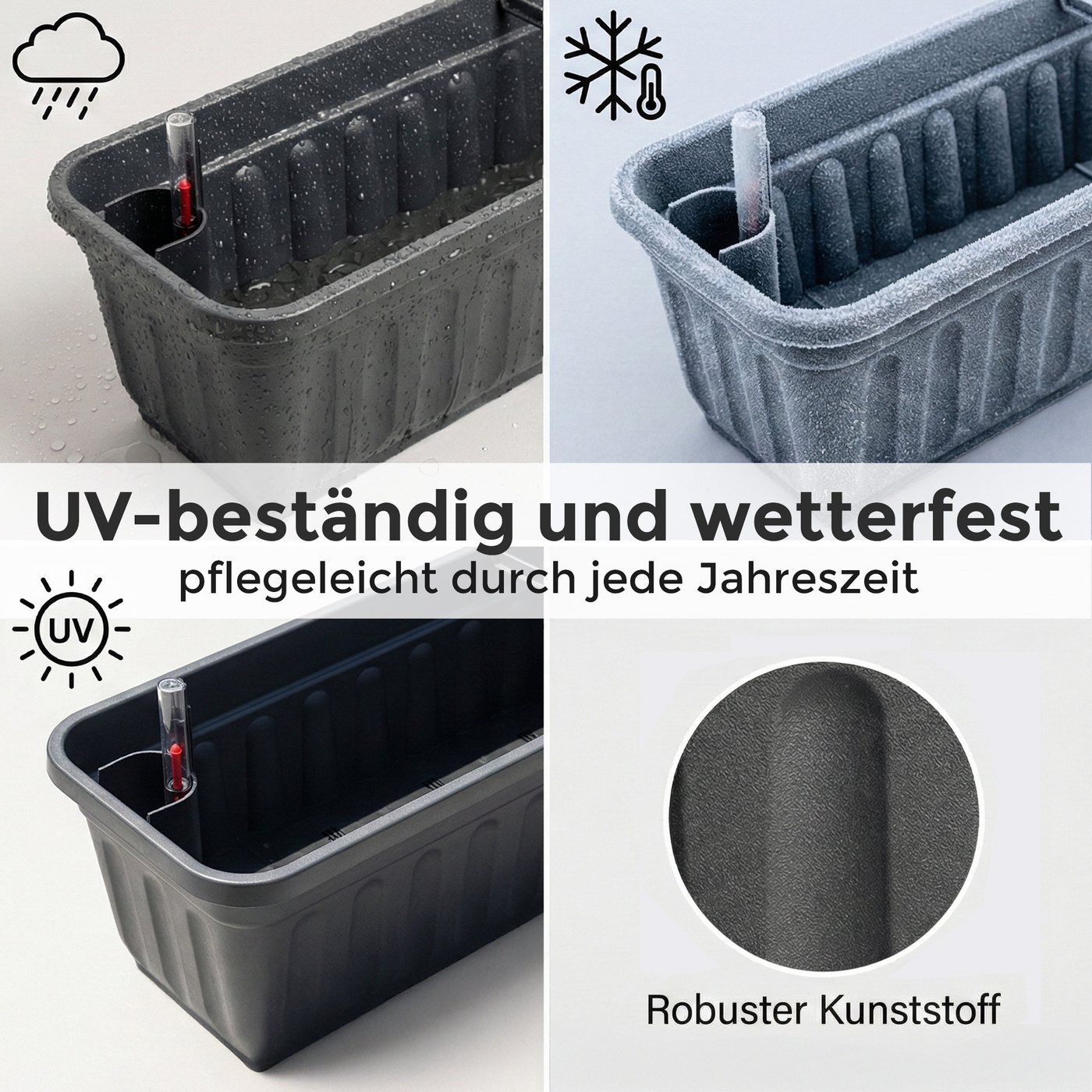 Hausfelder Blumenkasten Balkonkasten mit Wasserstandsanzeiger, Pflanzkasten 3er Set, 60cm (3er Set, 3 St., Jedes Set enthält: Füllstandsanzeiger, Boden, Pflanzk – Bild 4 von 5