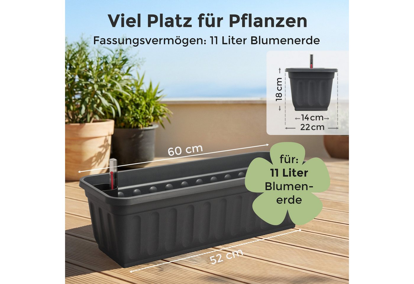 Hausfelder Blumenkasten Balkonkasten mit Wasserstandsanzeiger, Pflanzkasten 3er Set, 60cm (3er Set, 3 St., Jedes Set enthält: Füllstandsanzeiger, Boden, Pflanzk – Bild 5 von 5