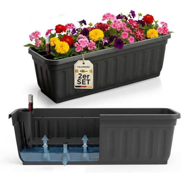 Hausfelder Blumenkasten Balkonkasten mit Wasserstandsanzeiger, Pflanzkasten 2er Set, 60cm (2er Set, 2 St., Jedes Set enthält: Füllstandsanzeiger, Boden, Pflanzk