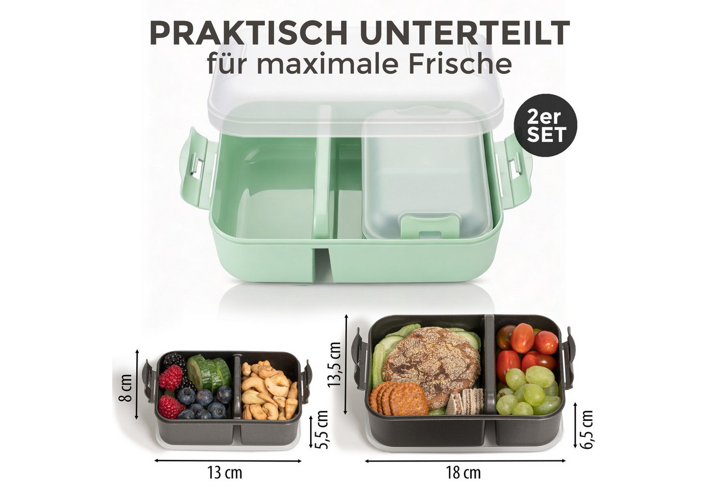 Hausfelder Lunchbox Brotdose 4er Set, 2x groß, 2 x klein, Anthrazit/Hellgrün, Kunststoff, (4er Set, 4-tlg), spülmaschinengeeignet, langlebig, bruchfest, BPA-fre – Bild 2 von 5