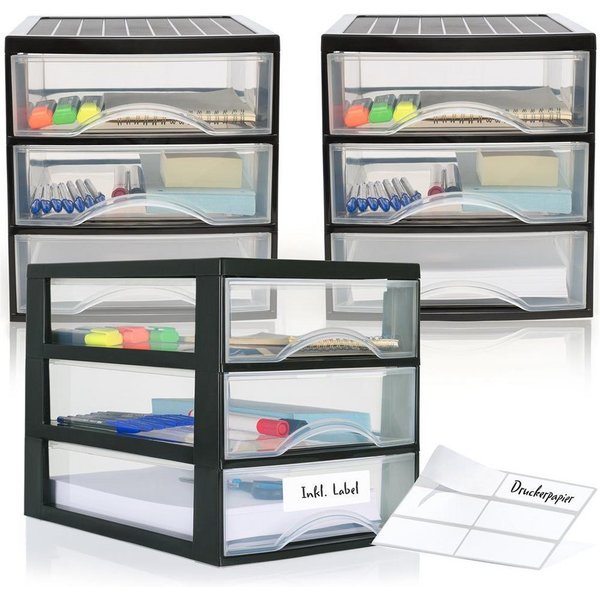Hausfelder Schubladenbox Schubladenschrank A4 mit 3 Schubladen, 3 Stück inkl. Aufkleber, (3-St., A4 mit 3 Schubladen + Aufkleber), klare Sicht, einfache Organis