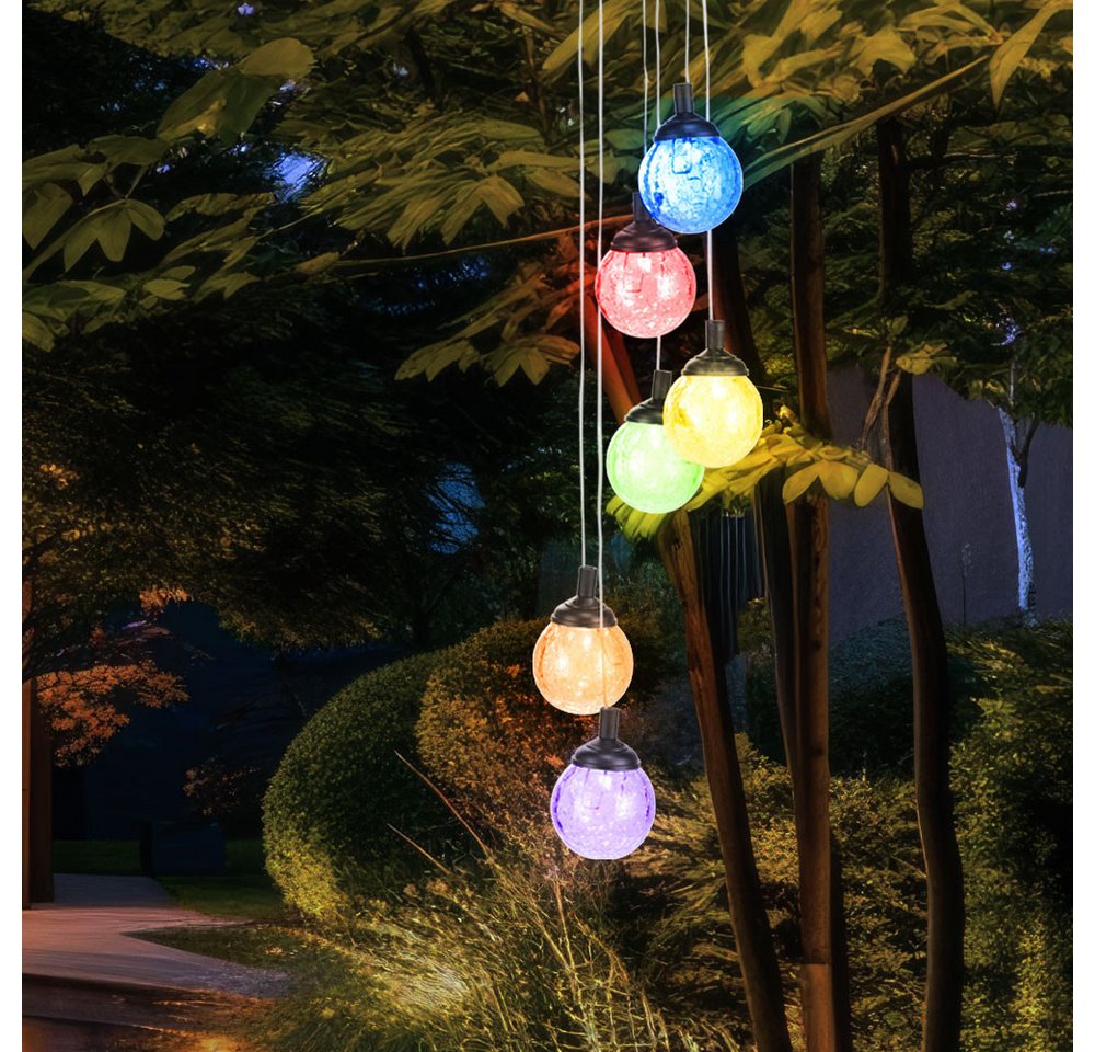 Haushalt International Außen-Deckenleuchte, LED-Leuchtmittel fest verbaut, Farbwechsel, RGB LED Solar Windspiel Hänge Leuchte Garten Außen Crackle Glas Kugel – Bild 4 von 5