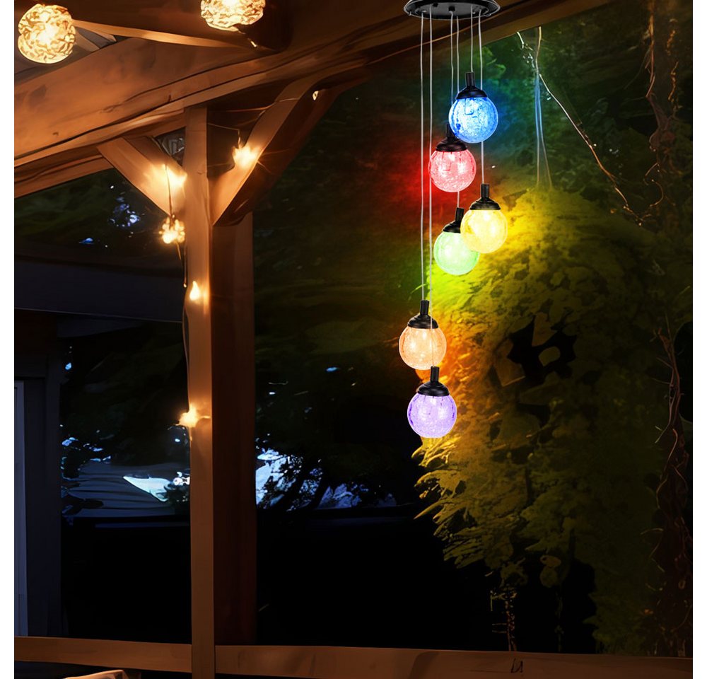 Haushalt International Außen-Deckenleuchte, LED-Leuchtmittel fest verbaut, Farbwechsel, RGB LED Solar Windspiel Hänge Leuchte Garten Außen Crackle Glas Kugel – Bild 5 von 5