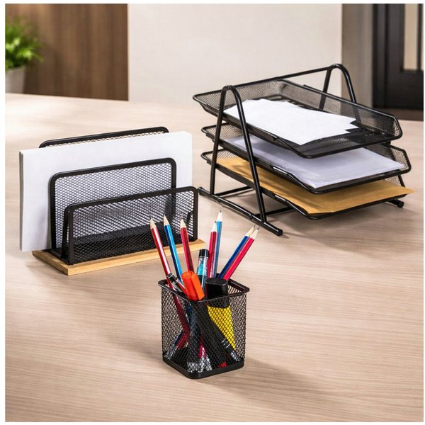Haushalt International Im- und Export GmbH Büro-Set Schreibtischset Stiftehalter Briefablage Organizer 3tlg Schwarz Metall, (Set, 3-tlg., Packung), Stiftebox, M