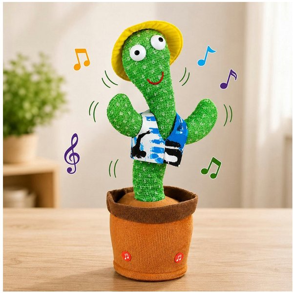 Haushalt International Im- und Export GmbH Dekofigur Sprechender Kaktus Spielfigur Spielzeug Gelber Hut (Stück, 1 St., Packung), 33x11cm, Tanzend, Singend, Spre