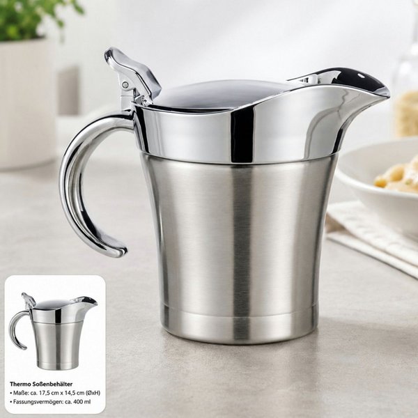 Haushalt International Im- und Export GmbH Sauciere Soßenbehälter Soßenkanne Edelstahl 400ml, Edelstahl, (Stück, 1-tlg), Doppelwandig, Einhand-Bedienung, Klappd