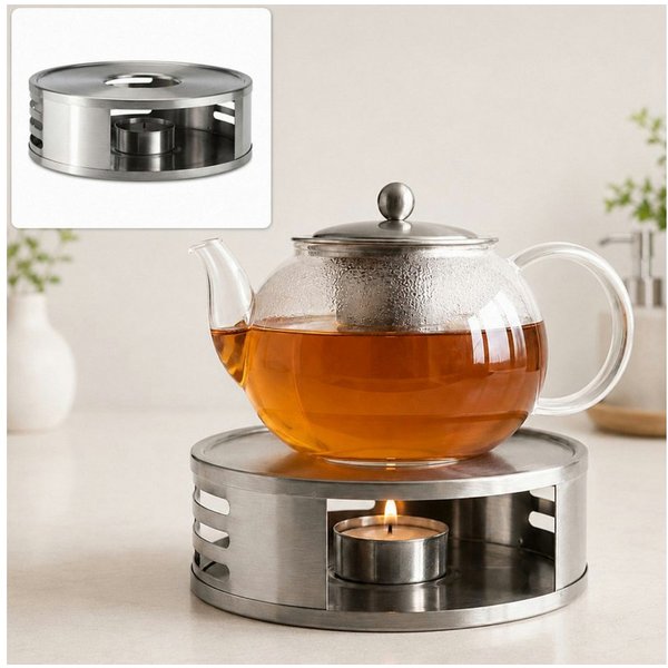 Haushalt International Im- und Export GmbH Teestövchen Stövchen Teekannenerwärmer Teelichthalter Edelstahl 15x5cm, (Stück, 1-tlg., Packung), Teelichthalter, Sil