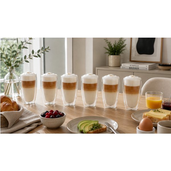Haushalt International Latte-Macchiato-Glas Latte Macchiato-Gläser Doppelwandig isolierglas Extra lang warmhaltend, 6-tlg., 400ml, spülmaschinengeeignet, mikrow