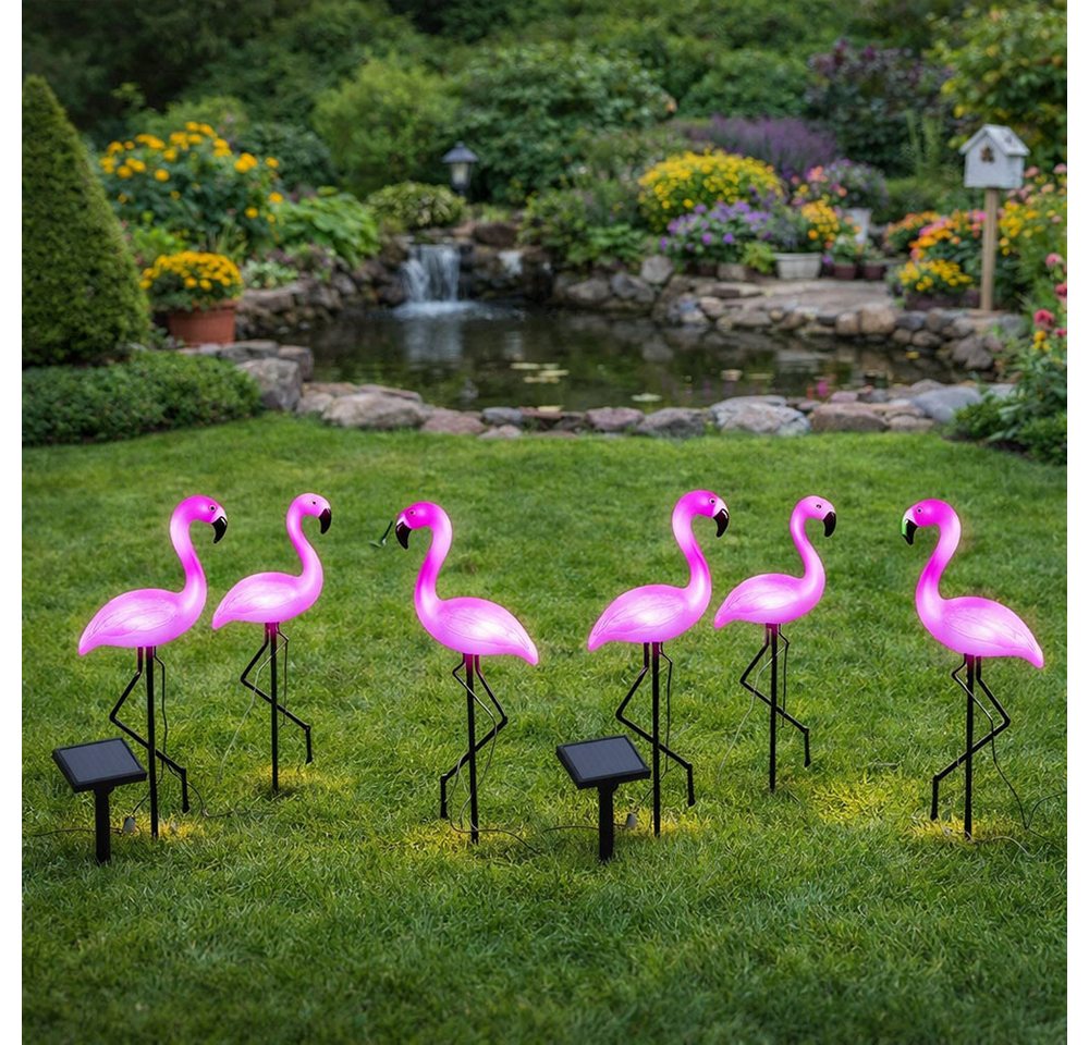 Haushalt International LED Solarleuchte, LED-Leuchtmittel fest verbaut, Warmweiß, 6x Solar Steckleuchte Gartenfigur LED Deko Flamingo – Bild 3 von 5
