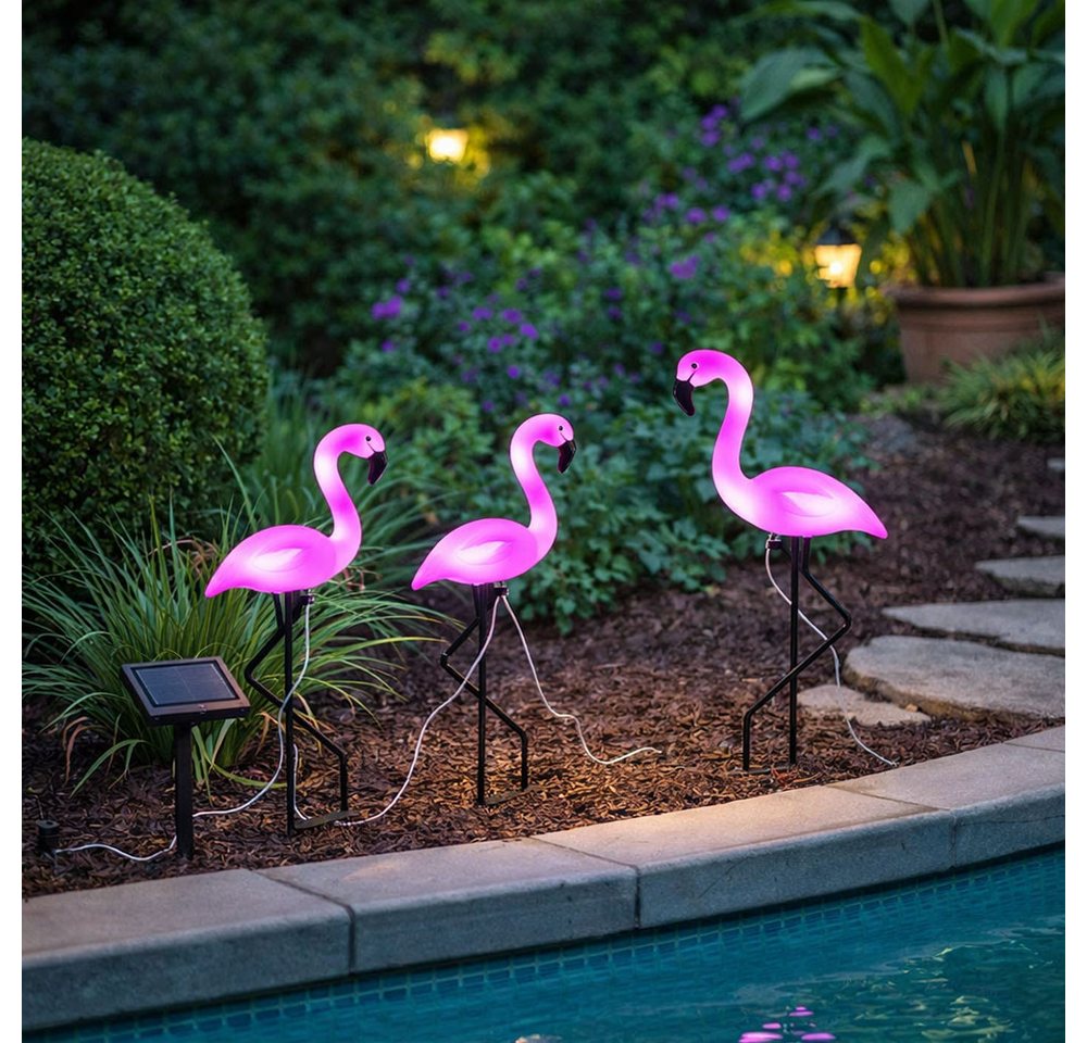 Haushalt International LED Solarleuchte, LED-Leuchtmittel fest verbaut, Warmweiß, 6x Solar Steckleuchte Gartenfigur LED Deko Flamingo – Bild 4 von 5