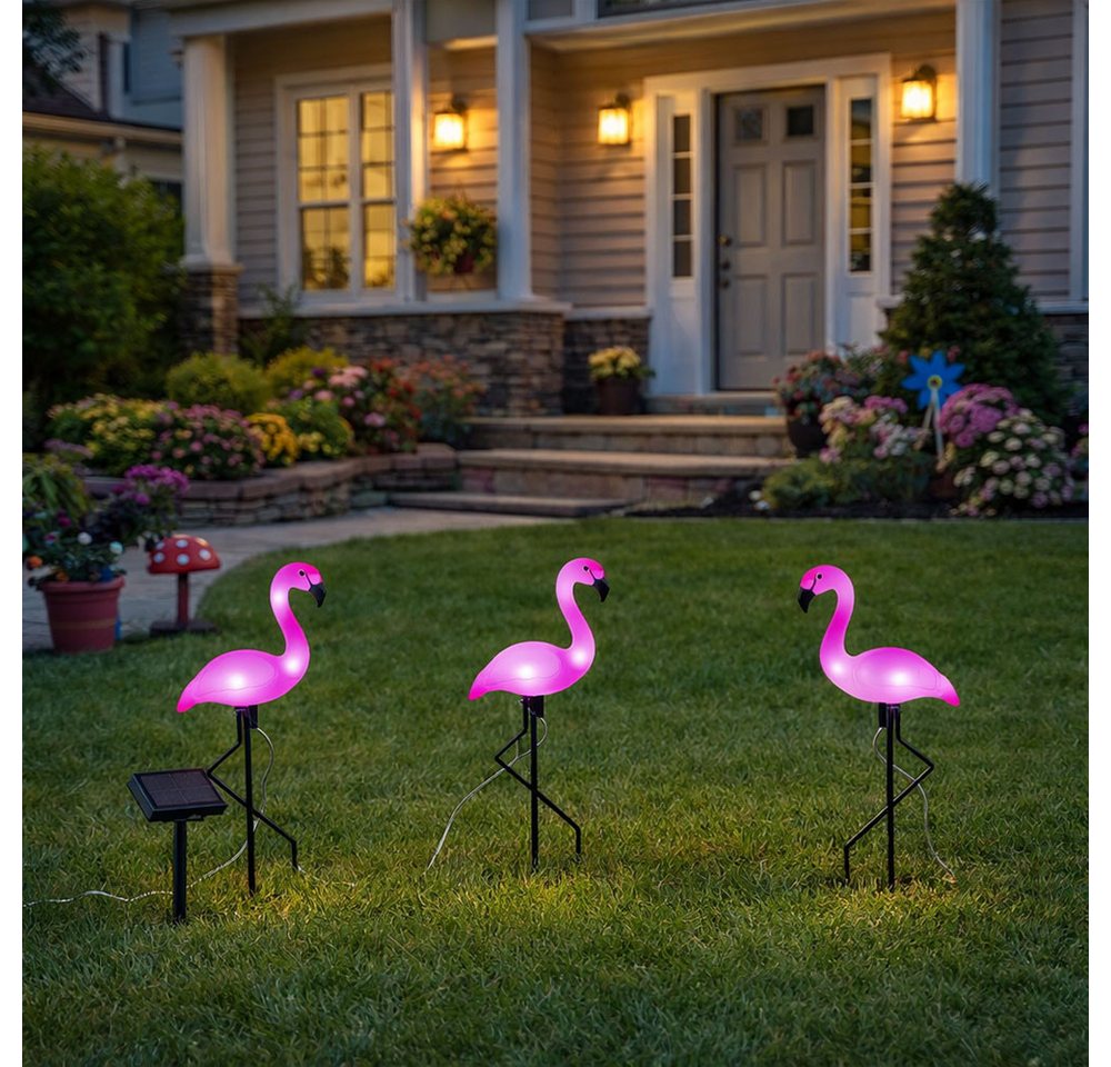 Haushalt International LED Solarleuchte, LED-Leuchtmittel fest verbaut, Warmweiß, 6x Solar Steckleuchte Gartenfigur LED Deko Flamingo – Bild 5 von 5